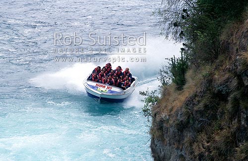 Huka jetboat ride on the Waikato River, below Huka Falls, Taupo, Taupo District, Waikato Region, New Zealand (NZ)