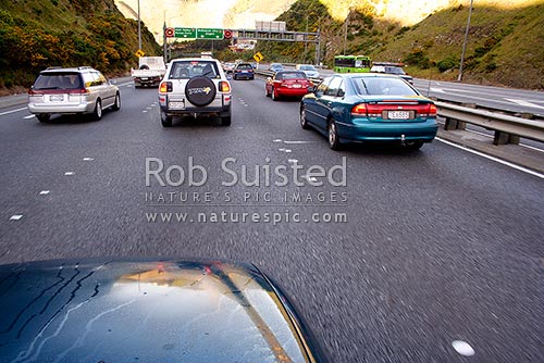 Traffic jam of cars on Ngauranga Gorge motorway during morning rush hour. State Highway One, Wellington, Wellington City District, Wellington Region, New Zealand (NZ)