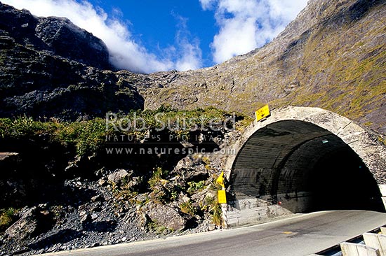 Milford end of the Homer Tunnel in the head of the Cleddau River Valley, Fiordland National Park, Southland District, Southland Region, New Zealand (NZ)