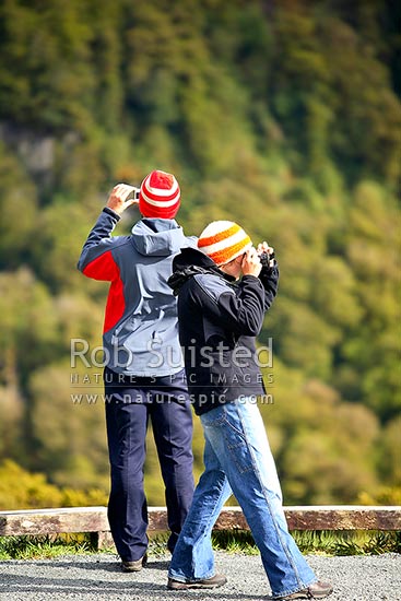 Two tourist visitors photographing the view. Milford Road, Fiordland National Park, Southland District, Southland Region, New Zealand (NZ)