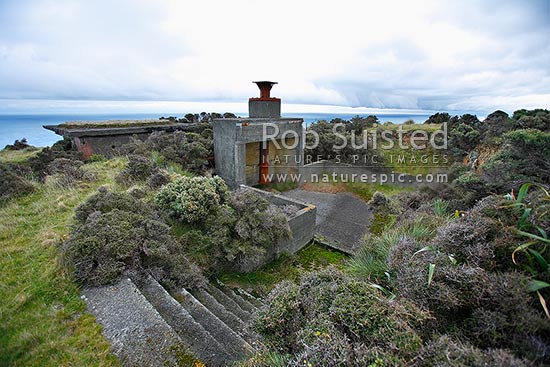 Remains of old historic World War II coastal defence lookout station above Cook Strait and Sinclair Head, Wellington, Wellington City District, Wellington Region, New Zealand (NZ)