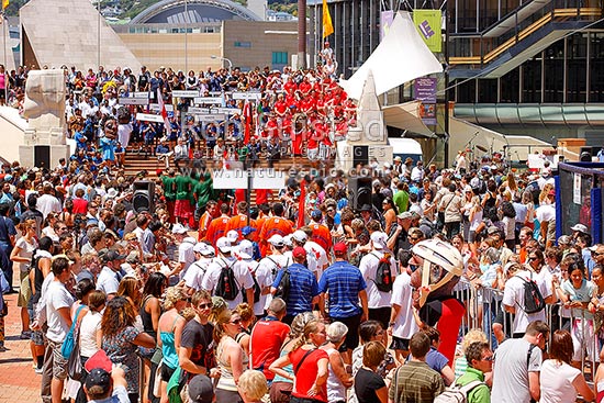 Rugby Sevens 7s public welcome celebration in Civic Square prior to tournament, Wellington, Wellington City District, Wellington Region, New Zealand (NZ)