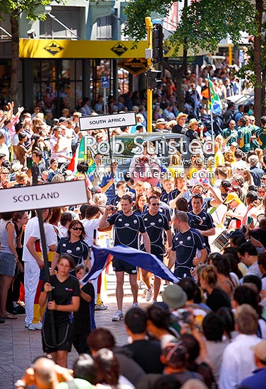 Rugby Sevens 7s public welcome celebration in Civic Square prior to tournament. Scotland's team followed by South Africa, Wellington, Wellington City District, Wellington Region, New Zealand (NZ)