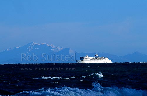 Arahura Interisland ferry in Cook Strait; snow covered Mount (Mt) Tapuae-o-Uenuku and Kaikouras beyond, Wellington, Wellington City District, Wellington Region, New Zealand (NZ)