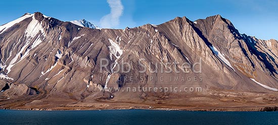 West Spitsbergen landscape with a tortured rock landscape. Old hunting camp visible. Panorama, Forland Sundet, Svalbard