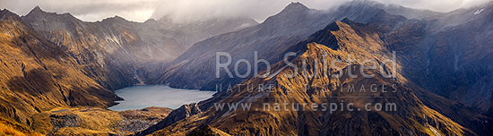 Lochnagar (Lake Lochnagar) above the Shotover River, in the Richardson Mountains and Shotover Conservation Area. Cleft Peak (2250) in cloud. Panorama, Shotover River, Queenstown Lakes District, Otago Region, New Zealand (NZ)