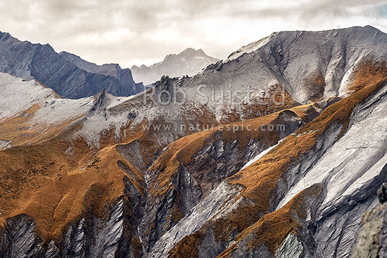 Rugged alpine peaks above the Shotover River headwaters, with Craigroyston Peak (2211m) centre, Shotover River, Queenstown Lakes District, Otago Region, New Zealand (NZ)