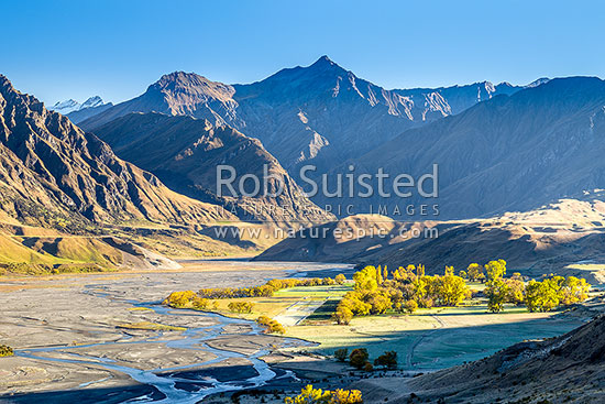 The Branches Station in the upper Shotover River Valley. Mt Greenland (1906m) centre above airstrip and station complex, Branches Station, Shotover Valley, Queenstown Lakes District, Otago Region, New Zealand (NZ)