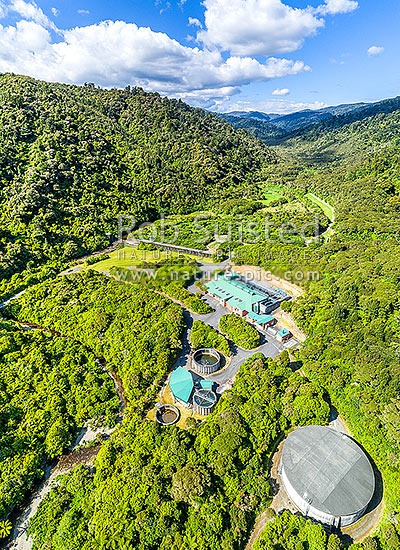 Wainuiomata water treatment plant in the Wainuiomata River Valley headwaters beside the old Morton Dam. Wellington Water waterworks, Wainuiomata, Hutt City District, Wellington Region, New Zealand (NZ)