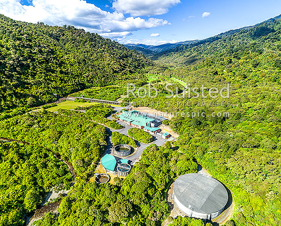 Wainuiomata water treatment plant in the Wainuiomata River Valley headwaters beside the old Morton Dam. Wellington Water waterworks, Wainuiomata, Hutt City District, Wellington Region, New Zealand (NZ)