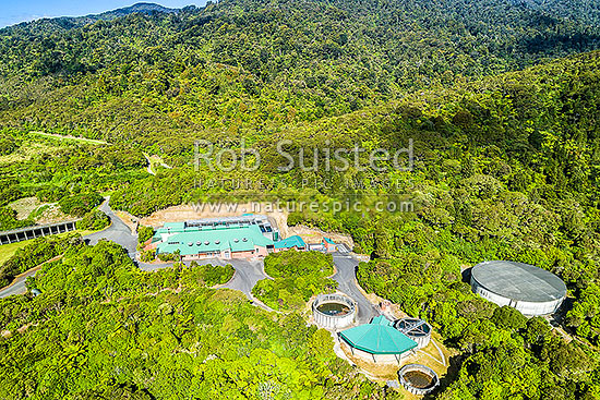 Wainuiomata water treatment plant in the Wainuiomata River Valley headwaters beside the old Morton Dam. Wellington Water waterworks, Wainuiomata, Hutt City District, Wellington Region, New Zealand (NZ)