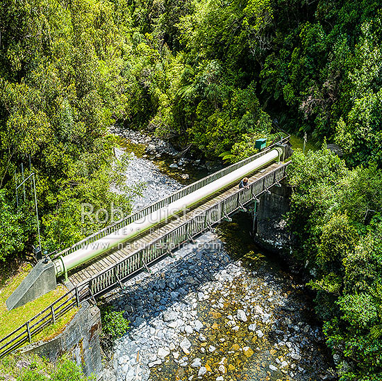 Wainuiomata Water collection area water pipeline crossing the Orongorongo River upstream of the water collection weirs in Big and Little Huia Creeks, Remutaka Range, Wainuiomata, Hutt City District, Wellington Region, New Zealand (NZ)