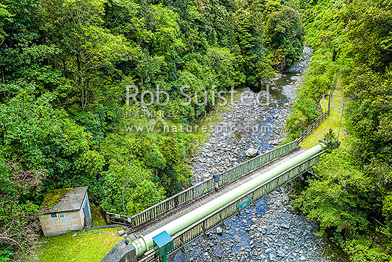 Wainuiomata Water collection area water pipeline crossing the Orongorongo River upstream of the water collection weirs in Big and Little Huia Creeks, Remutaka Range, Wainuiomata, Hutt City District, Wellington Region, New Zealand (NZ)