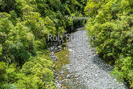 Wainuiomata Water collection area water pipeline crossing the Orongorongo River upstream of the water collection weirs in Big and Little Huia Creeks, Remutaka Range, Wainuiomata, Hutt City District, Wellington Region, New Zealand (NZ)