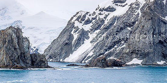 Point Wild on Elephant Island, where Shackleton's men stayed for 128 days (centre). Ice-covered mountainous island in outer reaches of South Shetland Islands. Panorama, Elephant Island, Antarctica Region, Antarctica