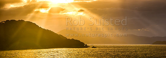 Sunlit rays over Paterson Inlet Whaka a Te Wera. Evening crepusular rays and glowing skies lighting Ulva Island at left. Rakiura panorama, Paterson Inlet, Stewart Island District, Southland Region, New Zealand (NZ)