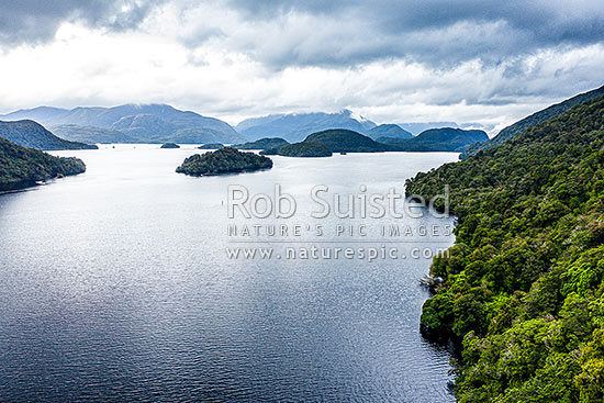 Heron Island, Curlew Island and Long Island, seen from Cascade Cove. Aerial view, Dusky Sound, Fiordland National Park, Southland District, Southland Region, New Zealand (NZ)