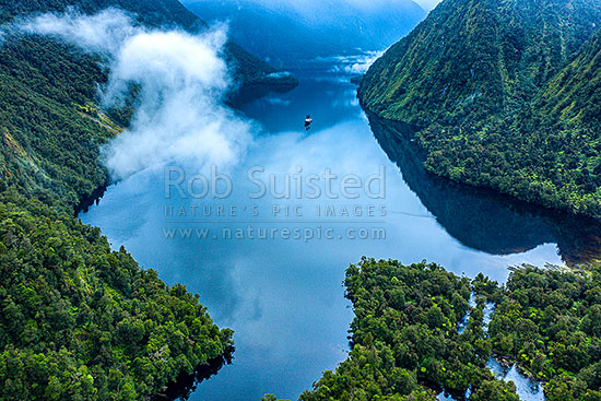 Precipice Cove, Kaikiekie Bradshaw Sound on a calm morning. Misty River mouth foreground. Aerial view, Doubtful Sound, Fiordland National Park, Southland District, Southland Region, New Zealand (NZ)