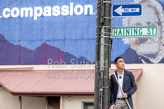 Chris Tse, NZ Poet Laureate Award 2022 to 2025. Portrait in Haining Street Wellington. Compassion. One Way, Wellington, Wellington City District, Wellington Region, New Zealand (NZ)