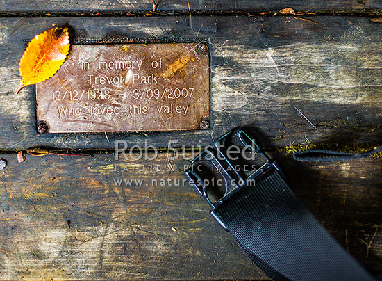 Memorial to Trevor Park (12/12/1928 to 3/9/2007) on seat on the Five Mile Track at Jacobs Ladder summit, Orongorongo River Valley, Remutaka Forest Park, Hutt City District, Wellington Region, New Zealand (NZ)