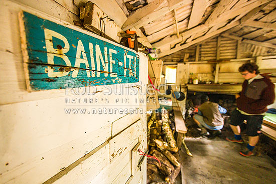 Baine-iti hut, an historic iconic hut in the Orongorongo River valley, built in the 1920's by Jack Baine. Private, but open to the public, Remutaka Forest Park, Hutt City District, Wellington Region, New Zealand (NZ)