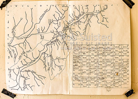 Orongorongo River Valley map showing all the privately established huts built over years with hut licences from the Wellington Water Board, Remutaka Forest Park, Hutt City District, Wellington Region, New Zealand (NZ)