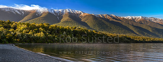 Lake Rotoiti dawn. Nelson Lakes National Park. St Arnaud Range above Kerr Bay. Panorama, St Arnaud, Tasman District, Tasman Region, New Zealand (NZ)