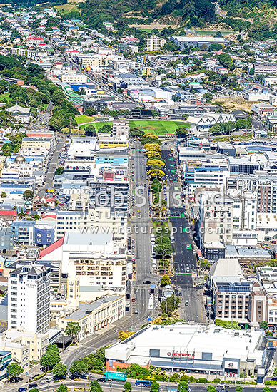 Wellington City looking up Kent and Cambridge Terraces towards the Basin Reserve and Newtown beyond, from Chaffers New World Building. Aerial view over city, Wellington, Wellington City District, Wellington Region, New Zealand (NZ)