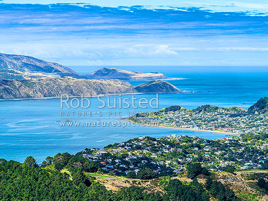 Wellington Harbour entrace. Seatoun Heights, Worser Bay and Point Dorset foreground, Fitzroy Bay, Pencarrow and Baring Heads beyond. Aerial view, Wellington, Wellington City District, Wellington Region, New Zealand (NZ)