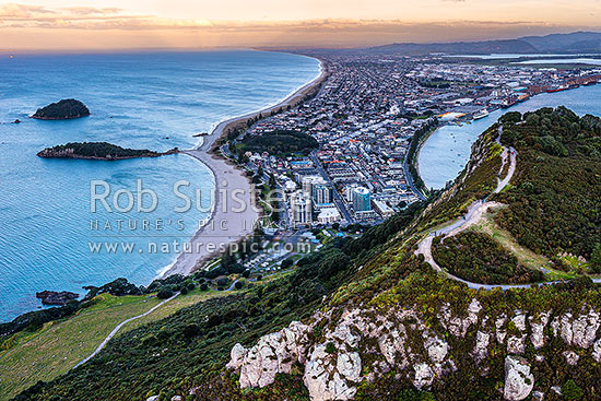 Mt Maunganui summit Mauao at the Tauranga Harbour Entrance. 231m high lava dome. Mt Maunganui Beach left, Tauranga Harbour right. Aerial view at dusk, Mount Maunganui, Tauranga District, Bay of Plenty Region, New Zealand (NZ)