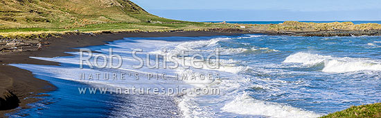 Te Awaiti surf and waves rolling into the Oterei River Mouth at Tora beach. Te Awaiti Station beyond, Tora, South Wairarapa District, Wellington Region, New Zealand (NZ)