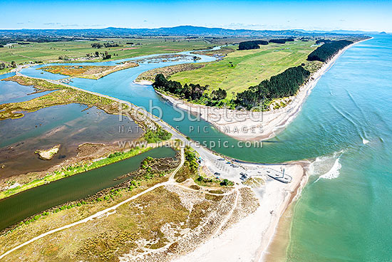 Kaituna River mouth and Maketu estuary and wetland behind. Aerial view over lookout platform and navigation markers, Maketu, Western Bay of Plenty District, Bay of Plenty Region, New Zealand (NZ)