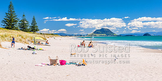 Papamoa Beach on a summer day with people enjoying the summer sunshine. Looking west towards Mt Maunganui Mauao (231m). Panorama, Papamoa Beach, Tauranga District, Bay of Plenty Region, New Zealand (NZ)