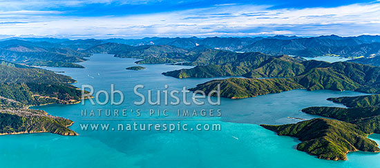 Queen Charlotte Sound, looking towards Grove Arm, past Allports Island. Dieffenbach Point left, Ruakawa Bay and Kenepuru Sound at right. Aerial panorama, Marlborough Sounds, Marlborough District, Marlborough Region, New Zealand (NZ)