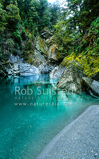 Burke River wilderness. A deep blue gorge pool in a remote inaccessible part of the Burke River, Mount Aspiring National Park, South Westland, Westland District, West Coast Region, New Zealand (NZ)