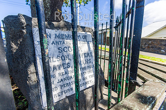 Memorial oak and stone for Robert Falcon Scott, after crew of the Terra Nova came ashore to send a coded message of his death from Harbourmaster's residence here, Oamaru, Waitaki District, Canterbury Region, New Zealand (NZ)