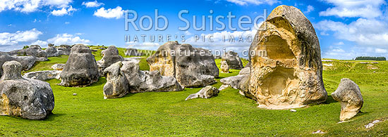 Elephant Rocks limestone site in the Waitaki Whitestone Geopark, Maerewhenua. Panorama of the uplifted weathered marine limestone, Duntroon, Waitaki District, Canterbury Region, New Zealand (NZ)