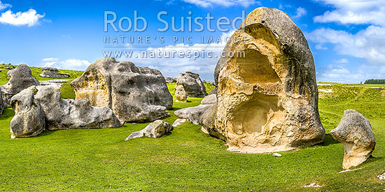 Elephant Rocks limestone site in the Waitaki Whitestone Geopark, Maerewhenua. Panorama of the uplifted weathered marine limestone, Duntroon, Waitaki District, Canterbury Region, New Zealand (NZ)