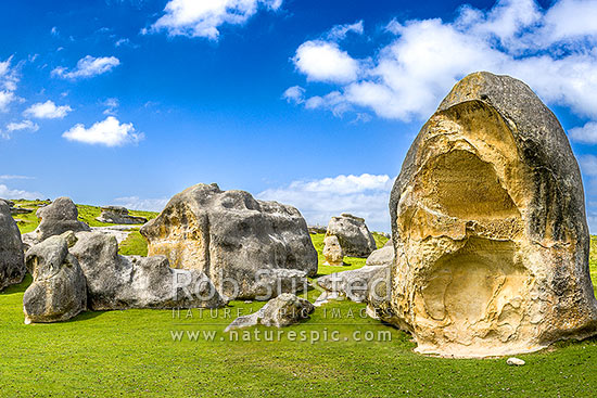 Elephant Rocks limestone site in the Waitaki Whitestone Geopark, Maerewhenua. Panorama of the uplifted weathered marine limestone, Duntroon, Waitaki District, Canterbury Region, New Zealand (NZ)