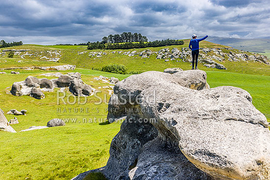 Elephant Rocks limestone site in the Waitaki Whitestone Geopark, Maerewhenua. Visitors viewing the uplifted weathered marine limestone outcrops, Duntroon, Waitaki District, Canterbury Region, New Zealand (NZ)