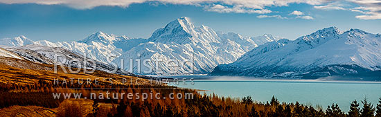 Aoraki / Mount Cook (3754m) and Lake Pukaki in winter. Mt La Perouse (3078m) left, Tasman Valley and Burnett Mountains Range right. Panorama with late autumn colours, similar to 65857, Aoraki / Mount Cook National Park, MacKenzie District, Canterbury Region, New Zealand (NZ)