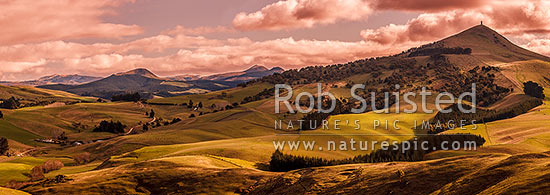 North Otago farmland at Goodwood with Puketapu Hill (344m) right with Sir John McKenzie Monument. Panorama. Similar to 39924 with different light, Palmerston, Waitaki District, Canterbury Region, New Zealand (NZ)