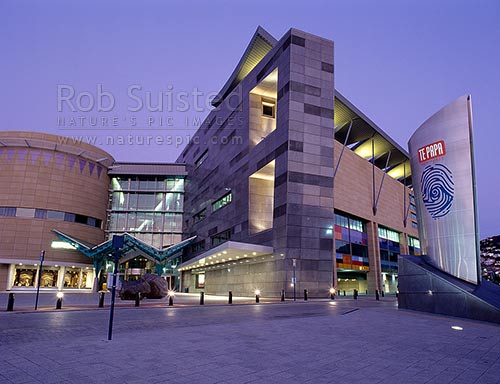 Front entrance to Te Papa; twilight, Wellington, Wellington City District, Wellington Region, New Zealand (NZ)