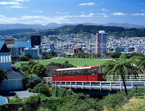 Wellington Cable Car approaching its summit above the City, Wellington, Wellington City District, Wellington Region, New Zealand (NZ)