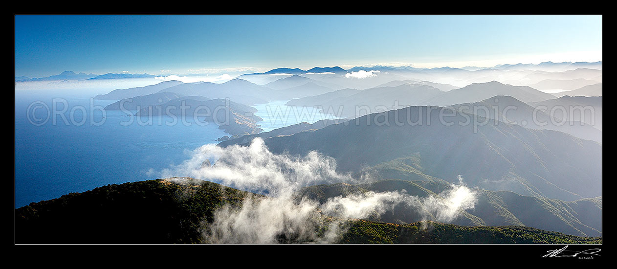 Image of Tory Channel entrance between East Head and West Head into Cook Strait. Arapaoa (Arapawa) Island and Marlborough Sounds right, Arapawa Island, Marlborough Sounds, Marlborough District, Marlborough Region, New Zealand (NZ) stock photo image