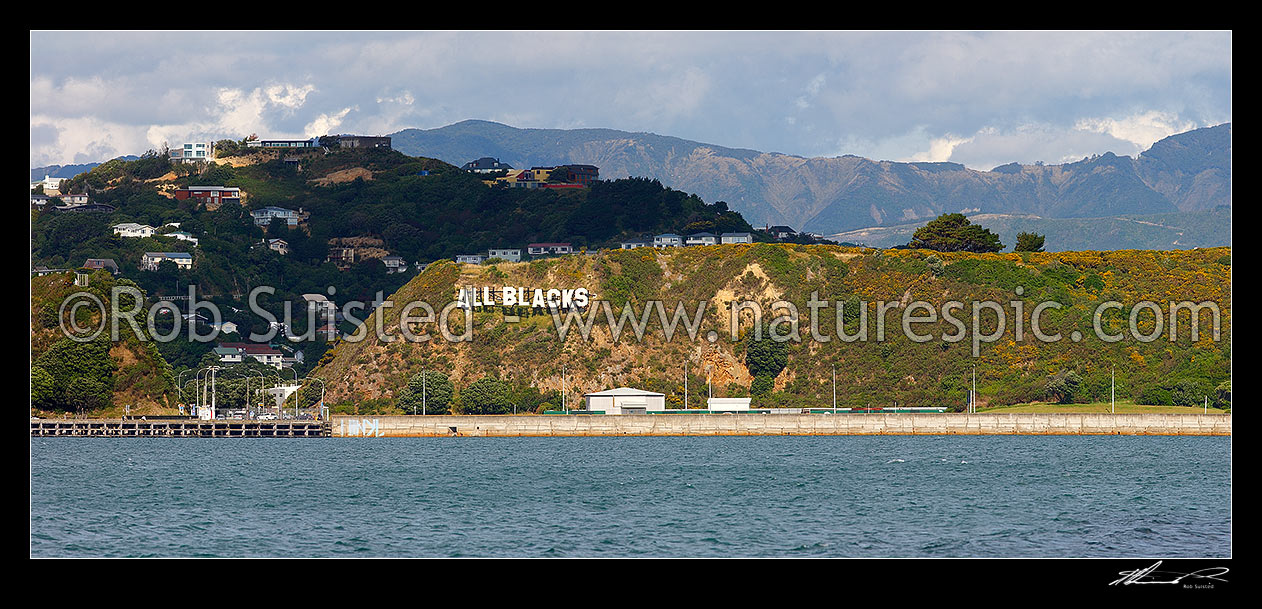 Image of Miramar's controversial Hollywood style sign installed by Wellington International Airport. Panorama, Wellington, Wellington City District, Wellington Region, New Zealand (NZ) stock photo image