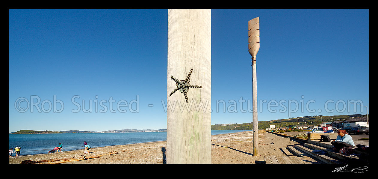 Image of Petone Bech and the Oars sculpture called 'Salute' by John Calvert 2003, recognising those who arrived on Petone's shores. Panorama, Petone, Hutt City District, Wellington Region, New Zealand (NZ) stock photo image