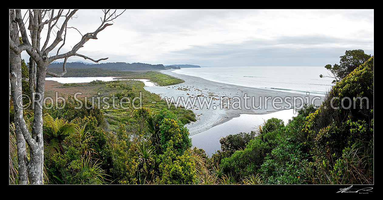 Image of Three Mile Beach and Lagoon, looking south to Blanchards Bluff. Three Mile pack track walk from Okarito. Panorama, Westland / Tai Poutini National Park, Westland District, West Coast Region, New Zealand (NZ) stock photo image