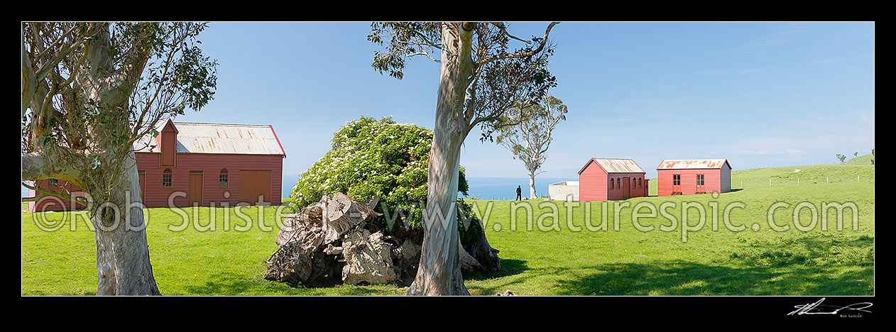 Image of Matanaka Farm Buildings, built by Johnny Jones, pioneering settler in Otago in the 1840's. Panorama, Waikouaiti, Dunedin City District, Otago Region, New Zealand (NZ) stock photo image