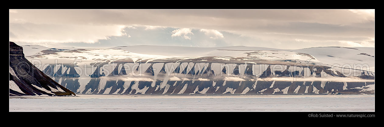 Image of Svalbard snowy barren landscape. North eastern Spitsbergen. Panorama, Hinelopen Strait (Stretet), Svalbard stock photo image